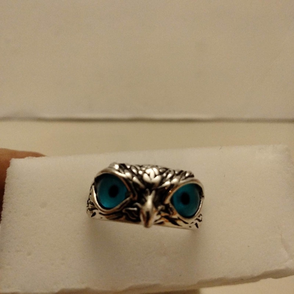 Silver Owl Ring with 3- D blue eyes - adjustable band
